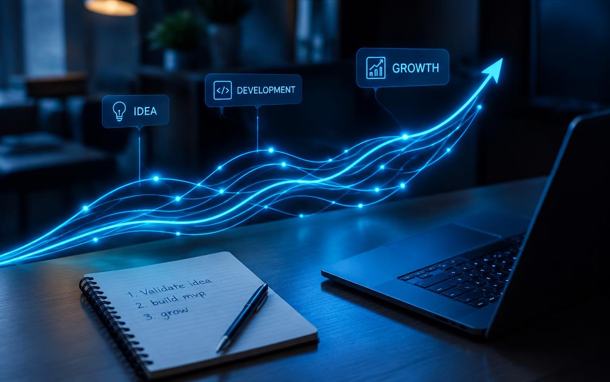 Glowing blue growth line over a desk with a notebook and laptop