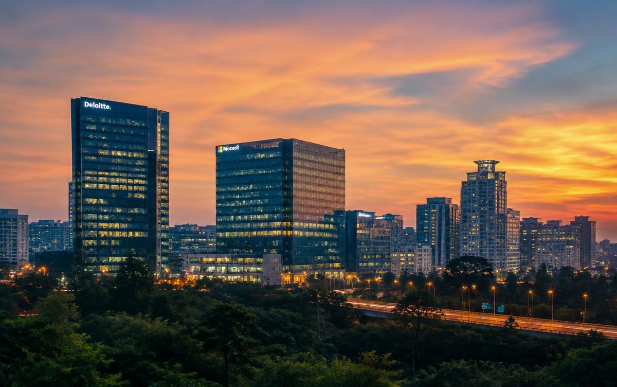 City skyline with modern office towers at dusk