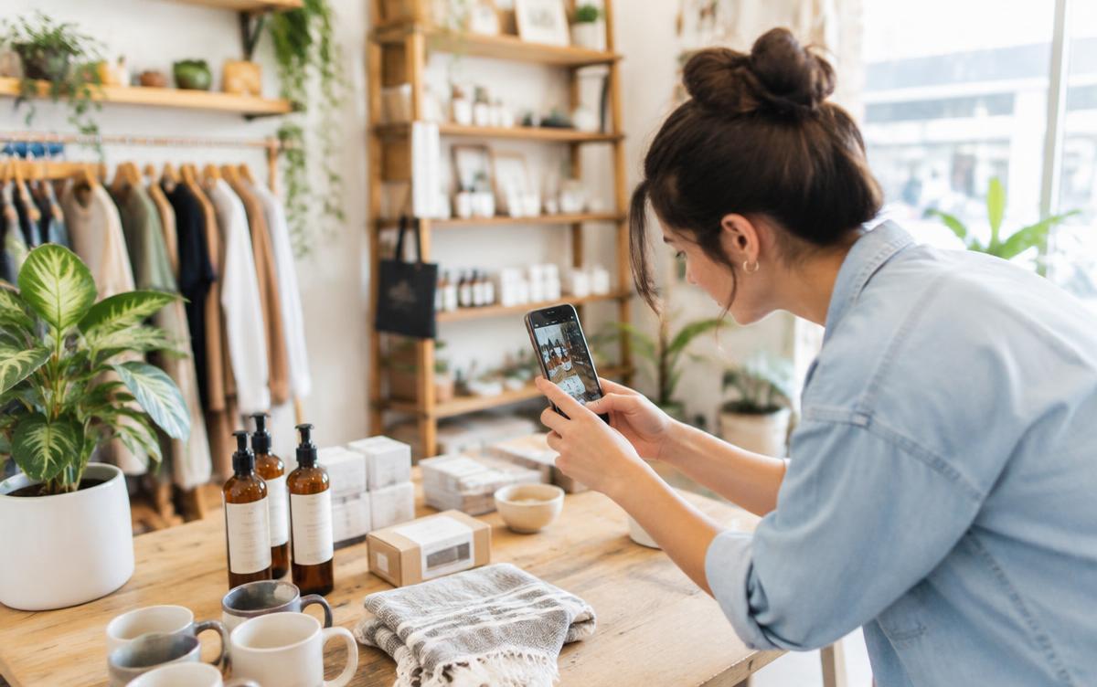 Shop owner photographing products with a smartphone